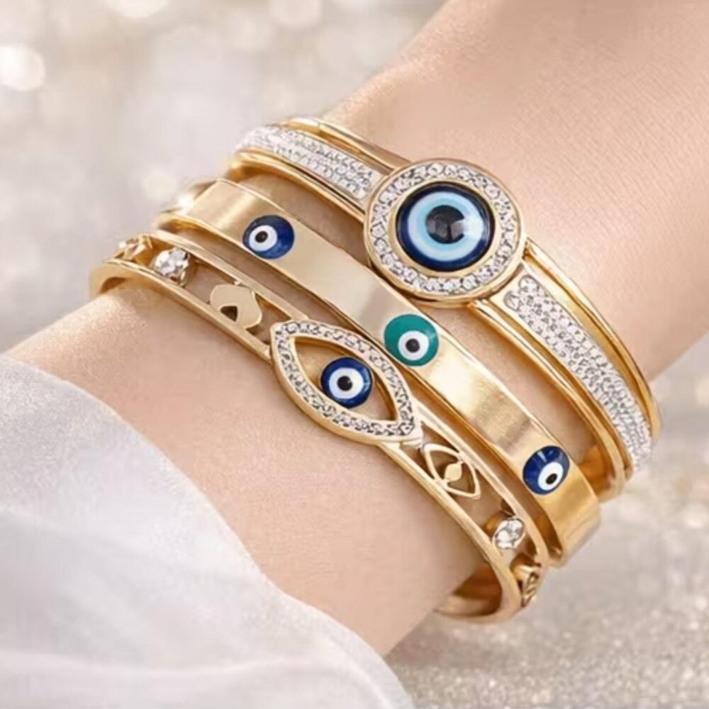 3 PCS Set Evil Eye Stainless Steel 18k Gold Plated Bracelet Minimalist &Luxurius